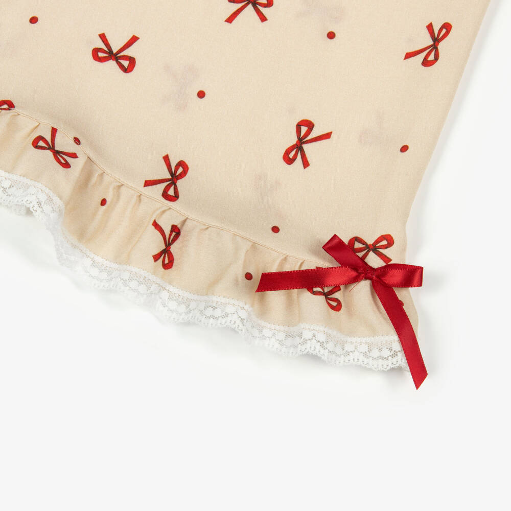 AMIKI Children-Girls Beige & Red Bow Print Pyjamas with Lace Trims | Childrensalon Outlet