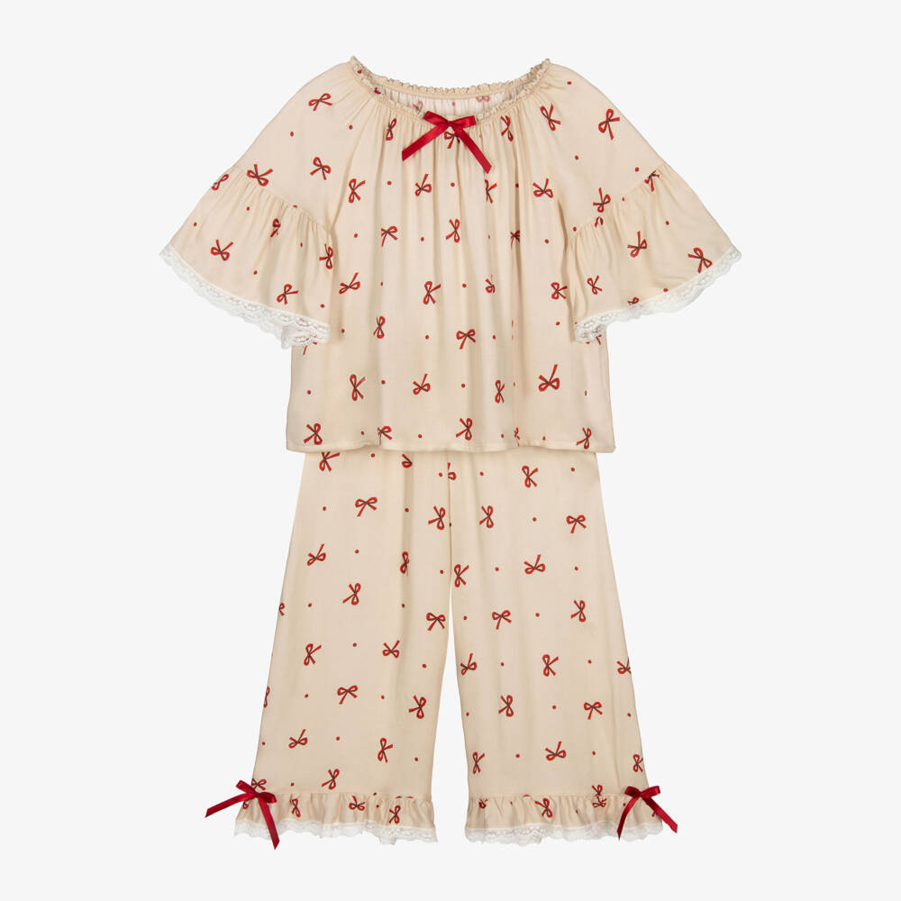 AMIKI Children-Girls Beige & Red Bow Print Pyjamas with Lace Trims | Childrensalon Outlet