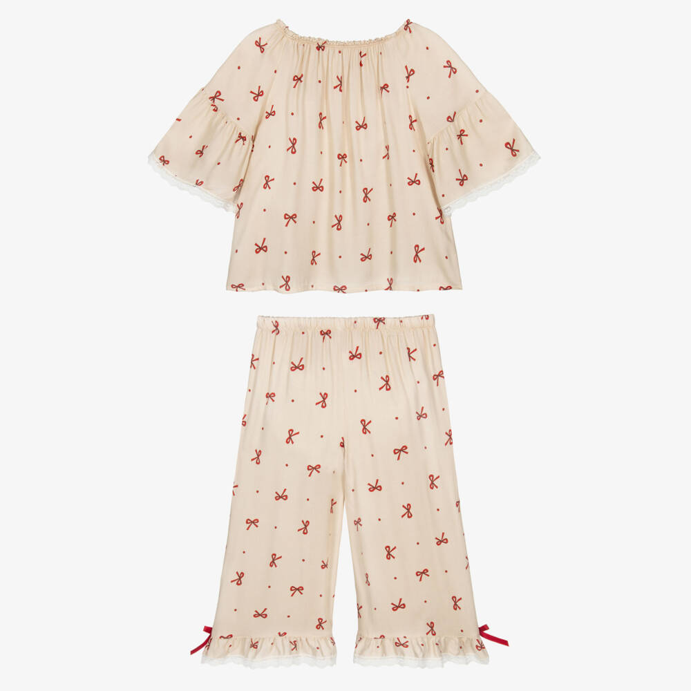 AMIKI Children-Girls Beige & Red Bow Print Pyjamas with Lace Trims | Childrensalon Outlet