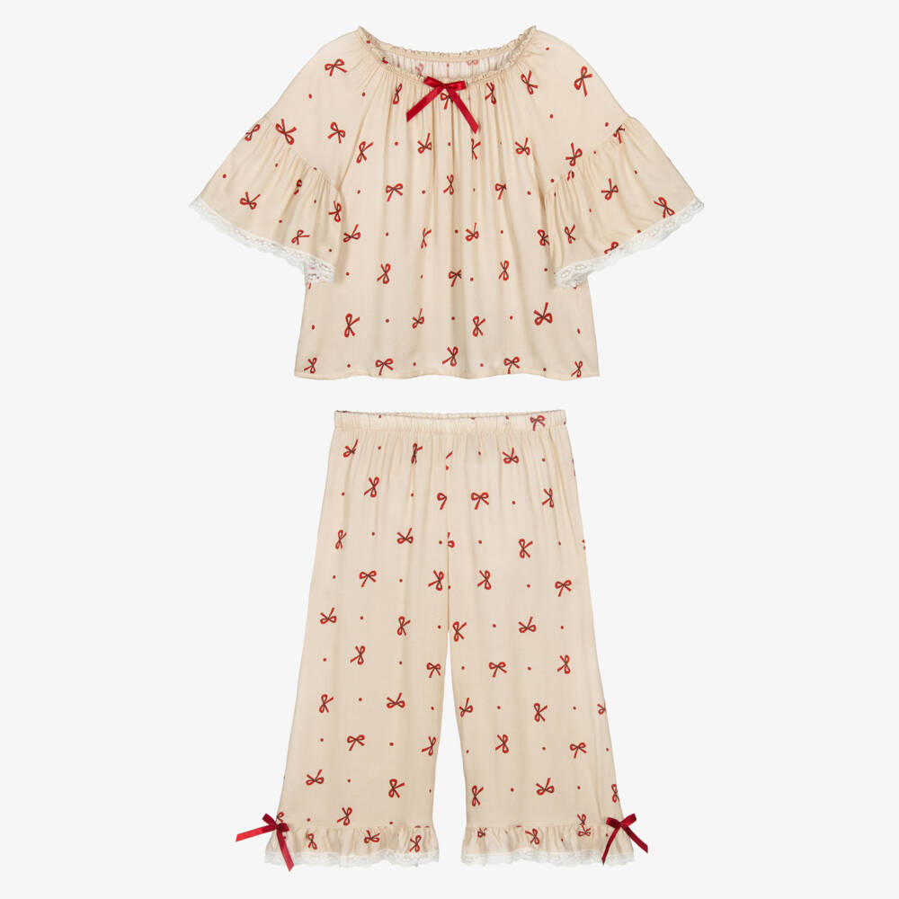 AMIKI Children-Girls Beige & Red Bow Print Pyjamas with Lace Trims | Childrensalon Outlet