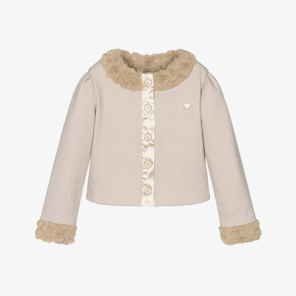Le Chic-Girls Beige Ribbed Cardigan with Faux Fur Trims | Childrensalon Outlet