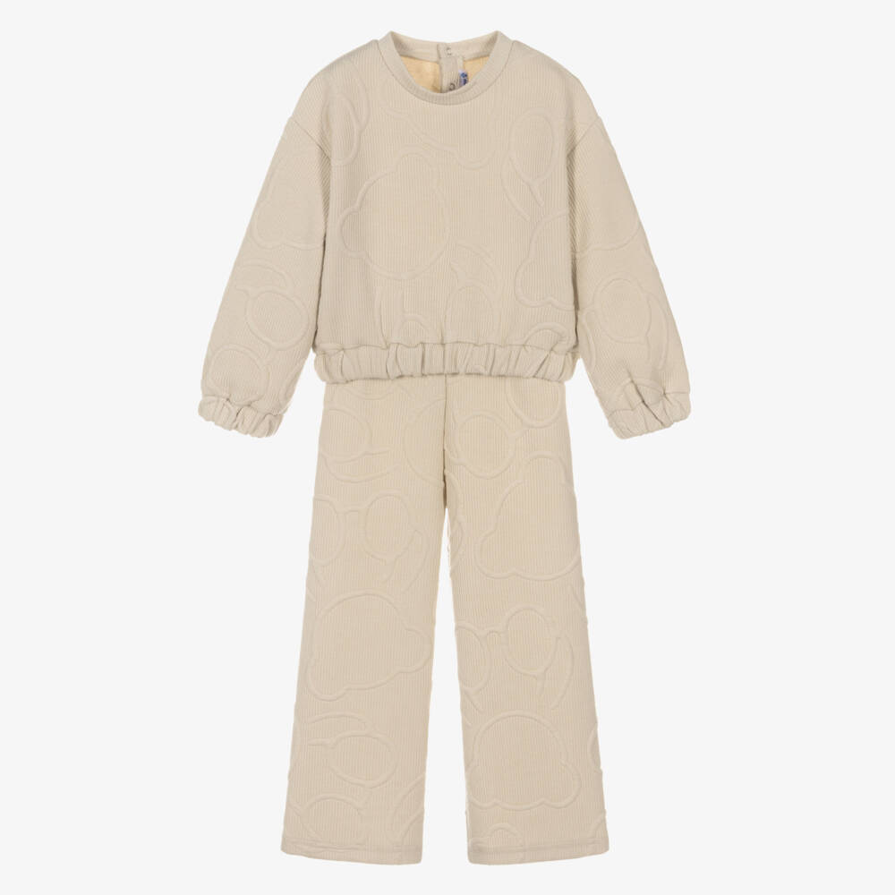 Mayoral-Girls Beige Ribbed Jersey Teddy Bear Trouser Set | Childrensalon Outlet