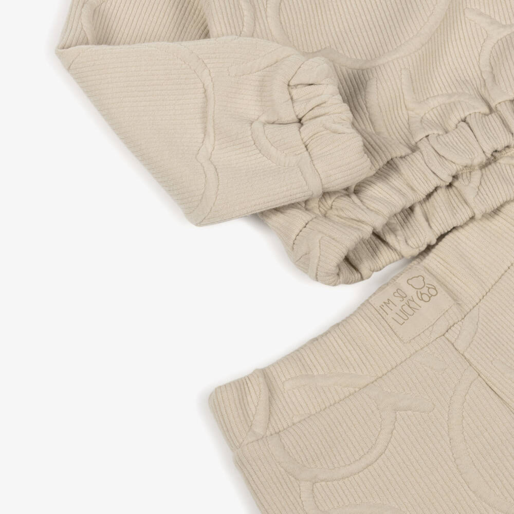 Mayoral-Girls Beige Ribbed Jersey Teddy Bear Trouser Set | Childrensalon Outlet