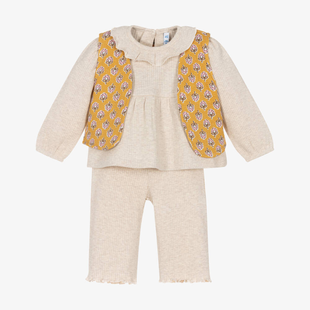 Mayoral-Girls Beige Ribbed Jersey Trouser Set | Childrensalon Outlet