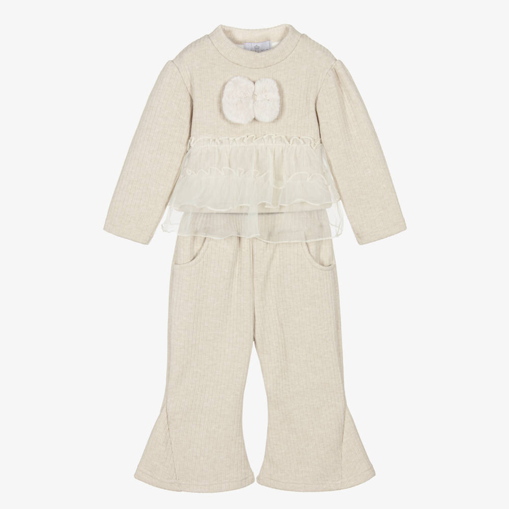 Beau KiD-Girls Beige Ribbed Jersey Trouser Set with Organza Ruffles | Childrensalon Outlet