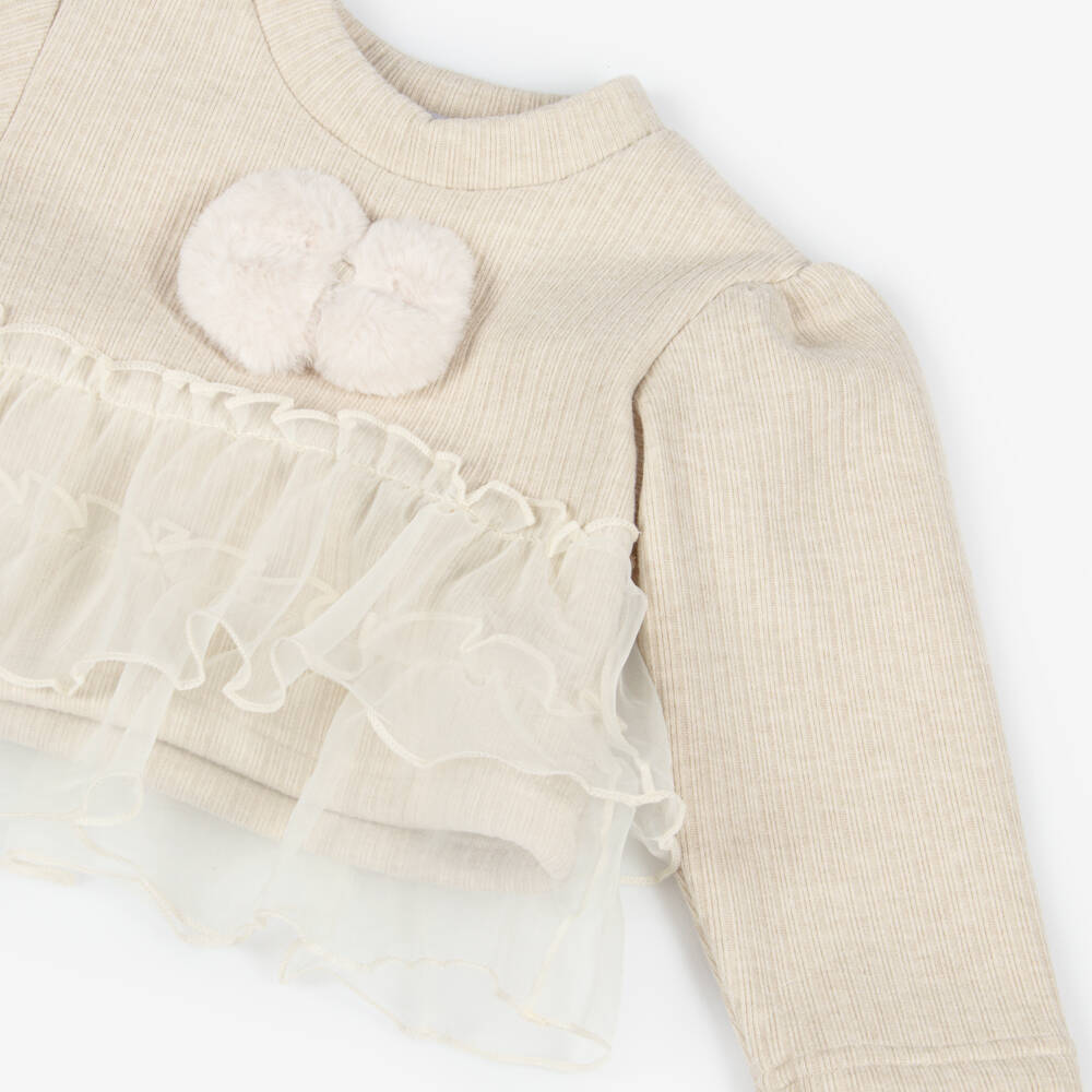Beau KiD-Girls Beige Ribbed Jersey Trouser Set with Organza Ruffles | Childrensalon Outlet