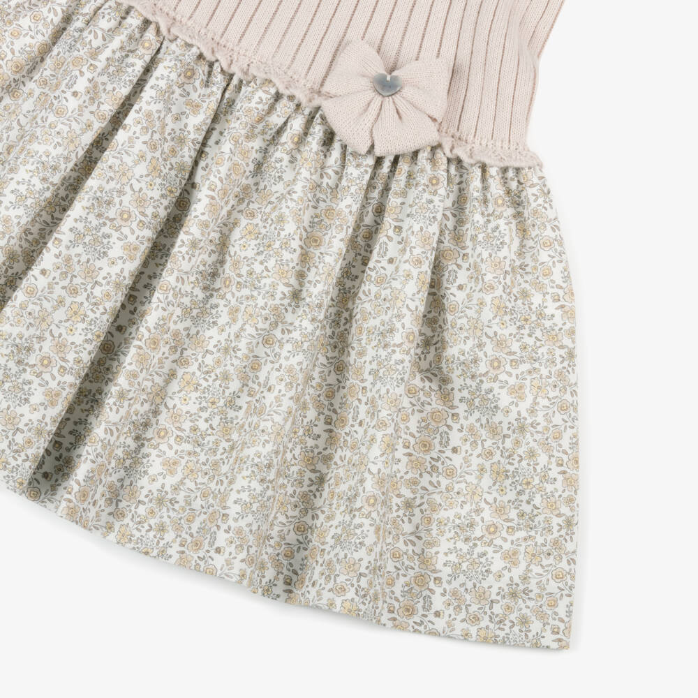 Artesanía Granlei-Girls Beige Ribbed Knit & Floral Dress | Childrensalon Outlet