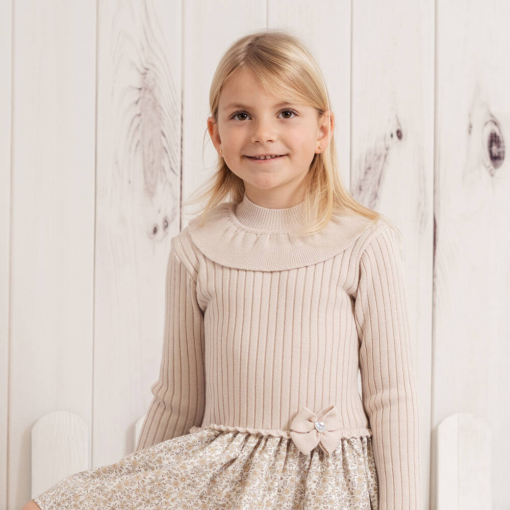 Artesanía Granlei-Girls Beige Ribbed Knit & Floral Dress | Childrensalon Outlet