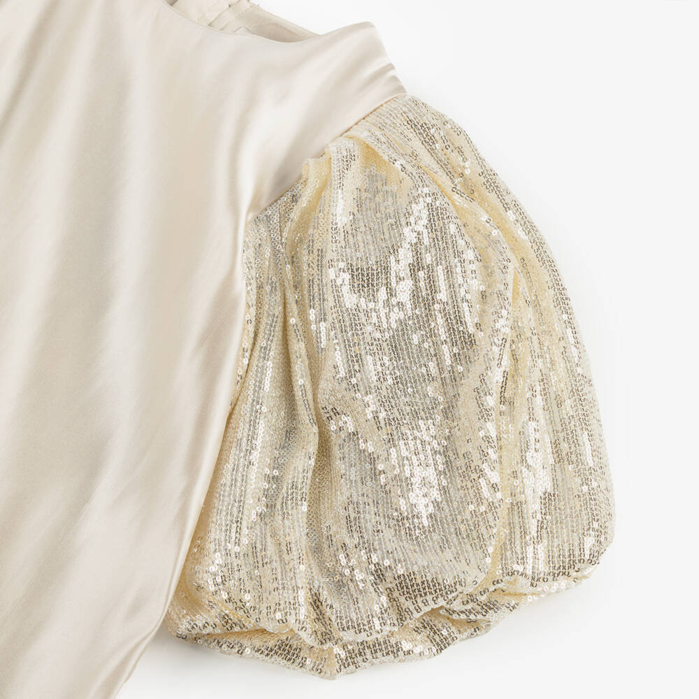 BCBGMAXAZRIA-Girls Beige Satin Dress with Sequinned Puffball Sleeves | Childrensalon Outlet