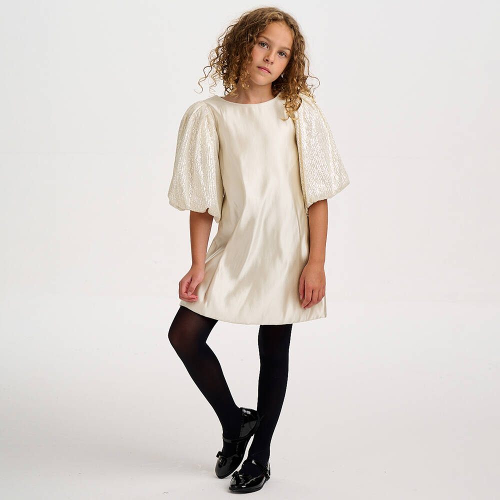 BCBGMAXAZRIA-Girls Beige Satin Dress with Sequinned Puffball Sleeves | Childrensalon Outlet
