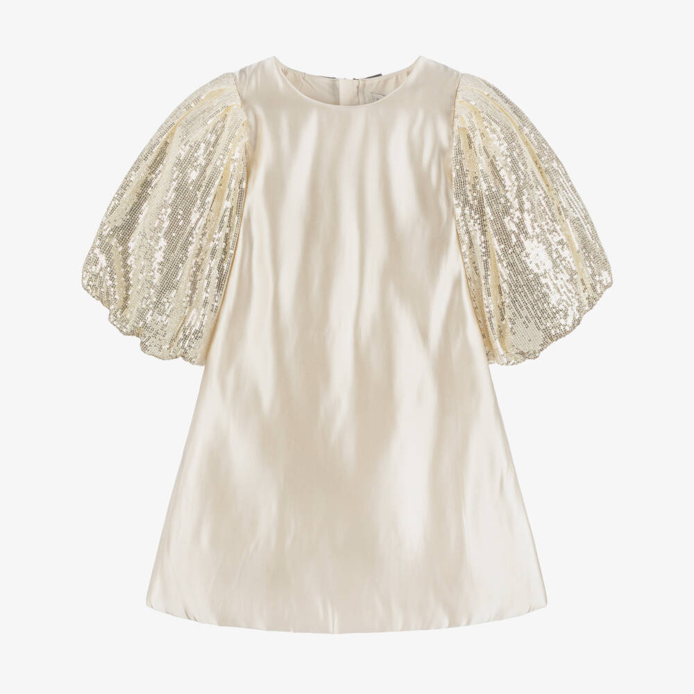 BCBGMAXAZRIA-Girls Beige Satin Dress with Sequinned Puffball Sleeves | Childrensalon Outlet
