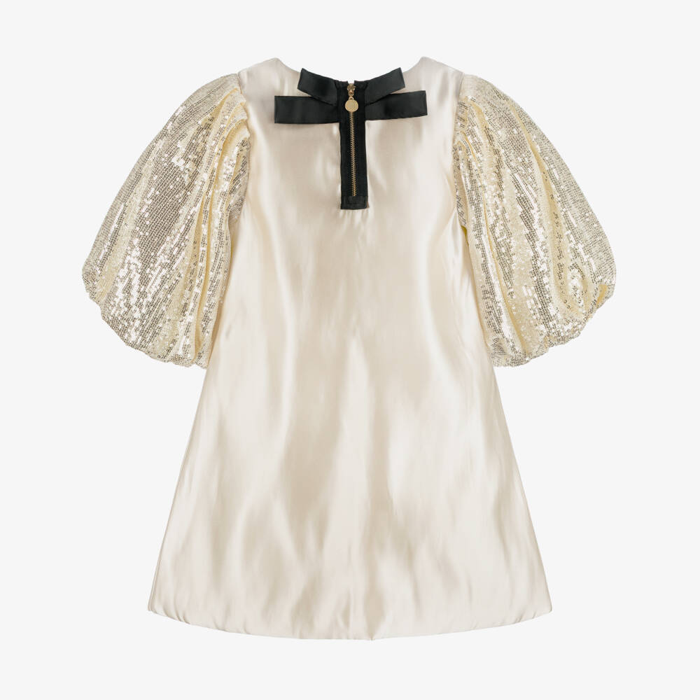 BCBGMAXAZRIA-Girls Beige Satin Dress with Sequinned Puffball Sleeves | Childrensalon Outlet