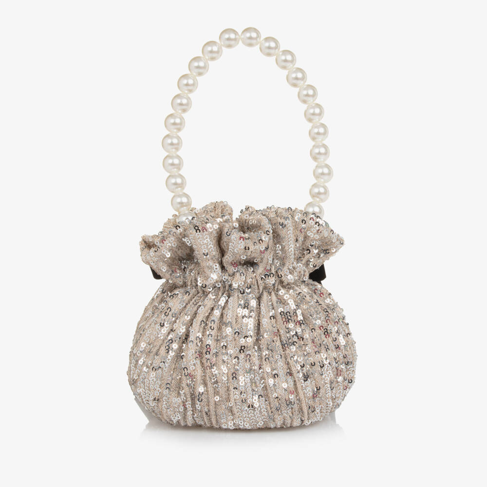 Phi Clothing-Girls Beige Sequinned Drawstring Pouch Bag (14cm) | Childrensalon Outlet