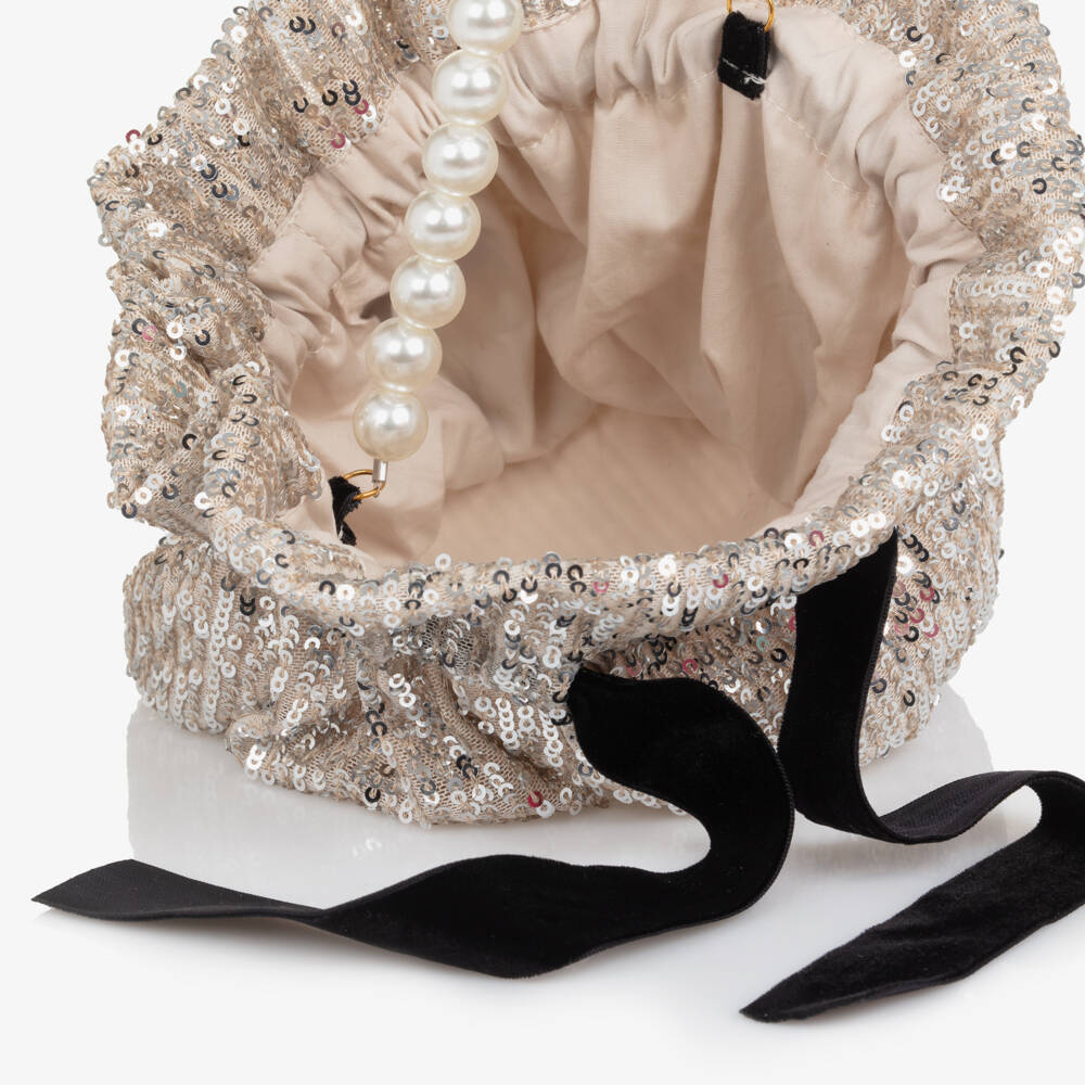 Phi Clothing-Girls Beige Sequinned Drawstring Pouch Bag (14cm) | Childrensalon Outlet