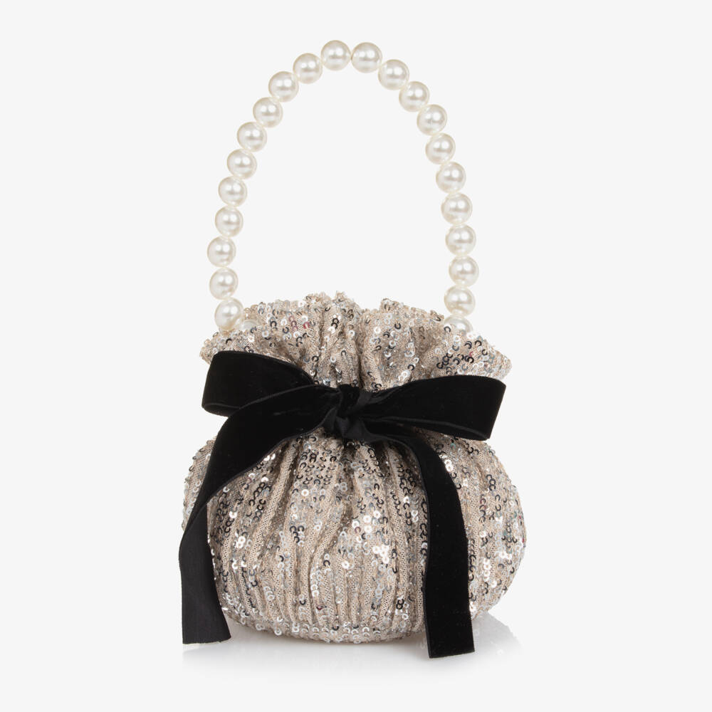 Phi Clothing-Girls Beige Sequinned Drawstring Pouch Bag (14cm) | Childrensalon Outlet