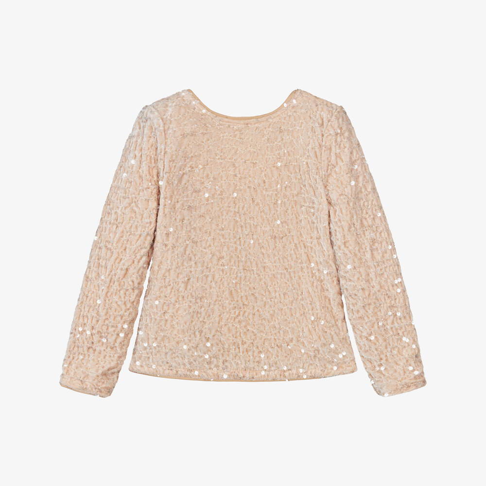 NAME IT-Girls Beige Sequinned Velour Top with Black Bow | Childrensalon Outlet