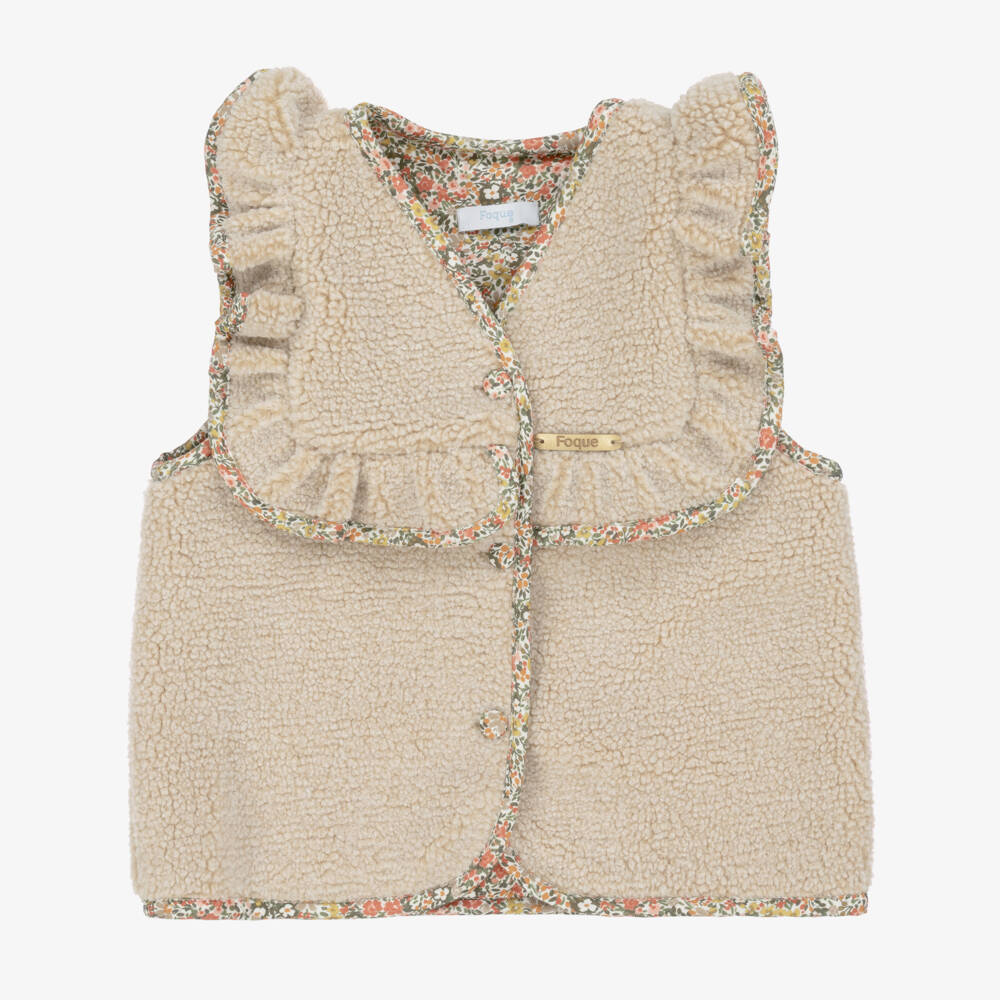 Foque-Girls Beige Sherpa Fleece Gilet with Floral Trims | Childrensalon Outlet