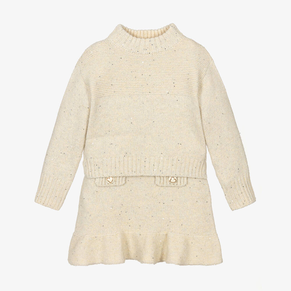 Abel & Lula-Girls Beige & Silver Sequin Knit Skirt Set | Childrensalon Outlet