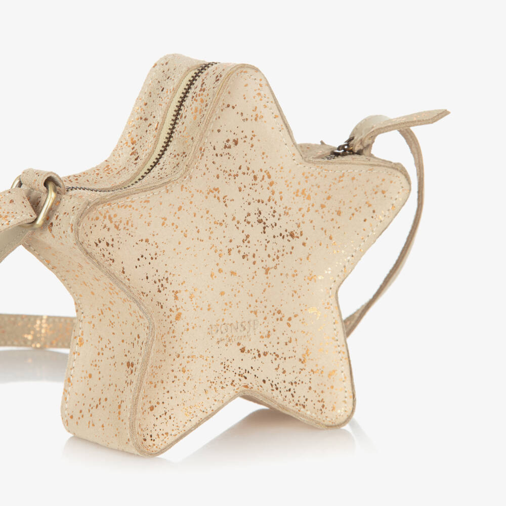 Donsje-Girls Beige Suede Star Shoulder Bag with Gold Sparkle (17cm) | Childrensalon Outlet