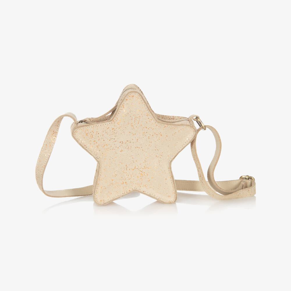 Donsje-Girls Beige Suede Star Shoulder Bag with Gold Sparkle (17cm) | Childrensalon Outlet