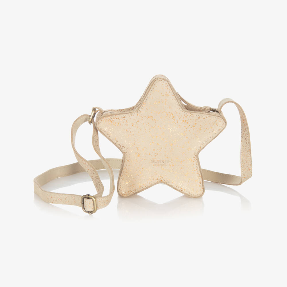 Donsje-Girls Beige Suede Star Shoulder Bag with Gold Sparkle (17cm) | Childrensalon Outlet