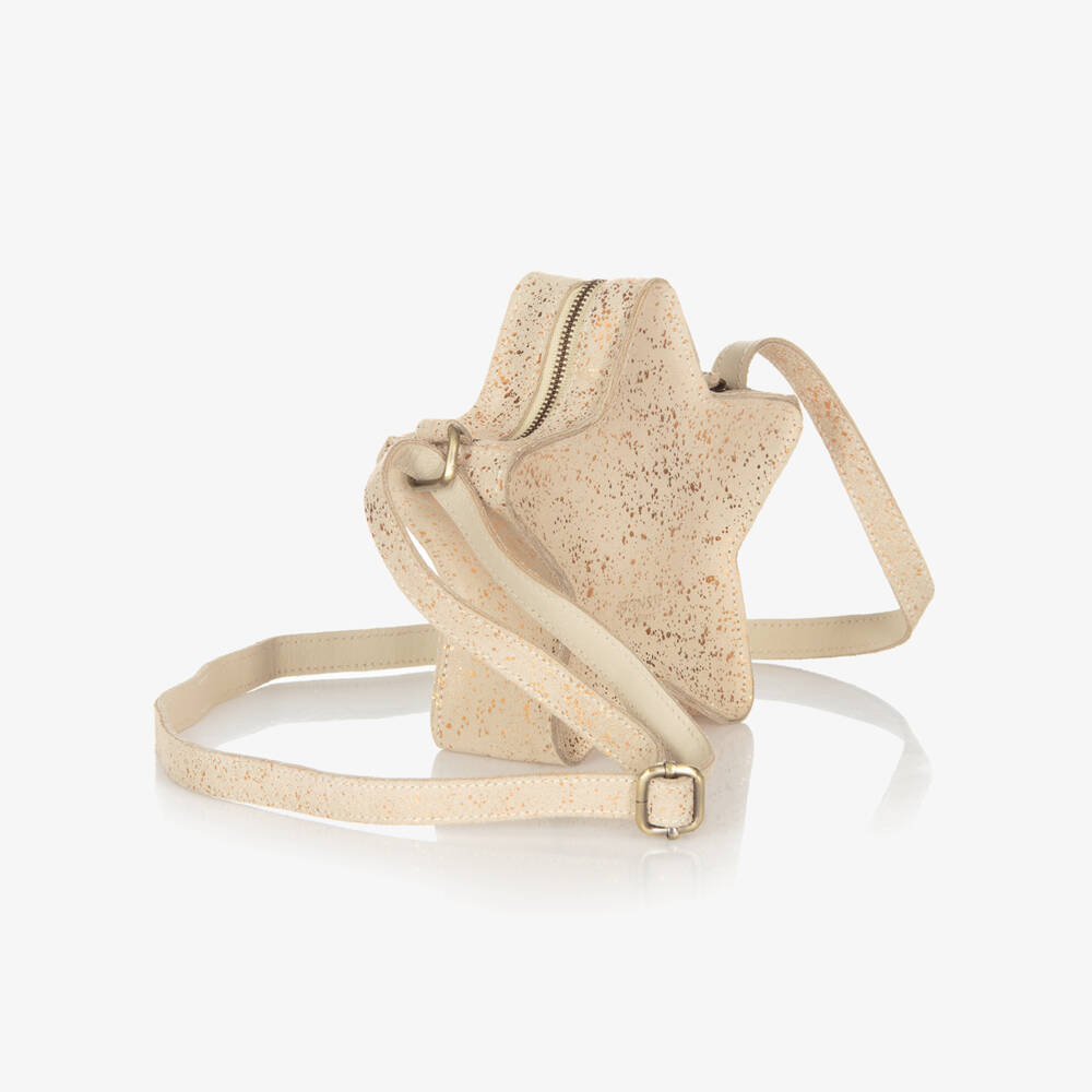 Donsje-Girls Beige Suede Star Shoulder Bag with Gold Sparkle (17cm) | Childrensalon Outlet