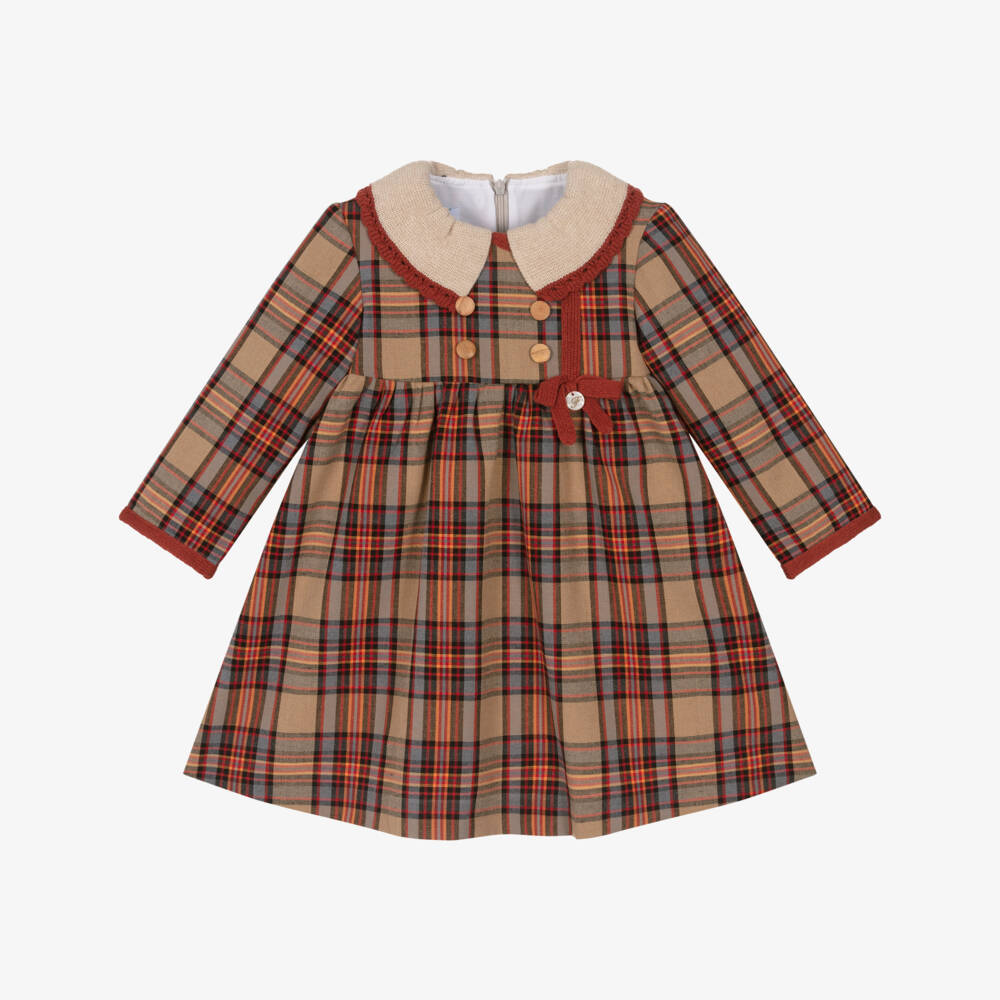 Foque-Girls Beige & Tan Brown Tartan Cotton Dress | Childrensalon Outlet