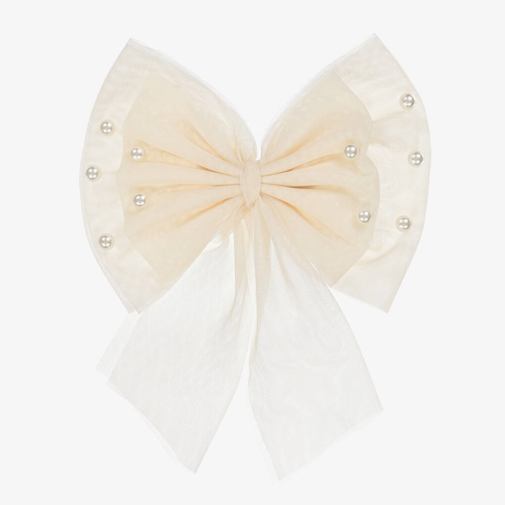 Caramelo Kids-Girls Beige Tulle Bow Hair Clip with Pearl Beads (17cm) | Childrensalon Outlet