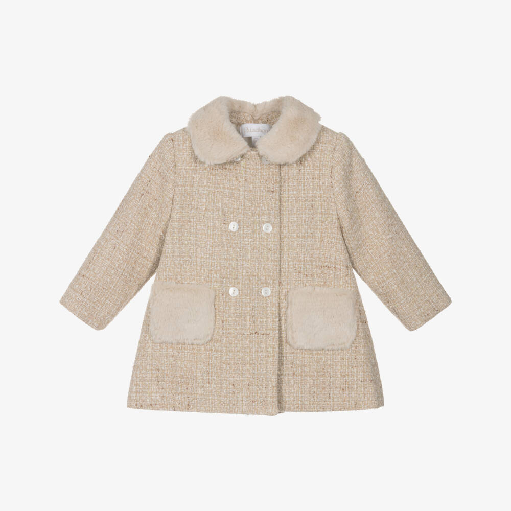 Patachou-Girls Beige Tweed Coat with Faux Fur Trims | Childrensalon Outlet