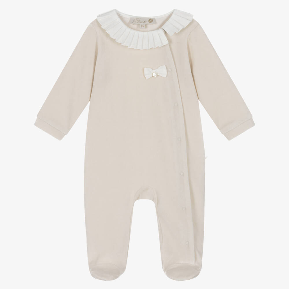 Pureté Du... Bébé-Girls Beige Velour Babygrow with Pleated Collar | Childrensalon Outlet