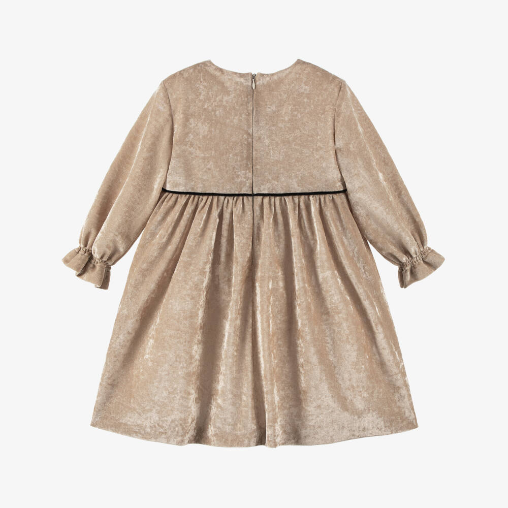 Foque-Girls Beige Velour Dress with Embroidered Tulle Trims | Childrensalon Outlet