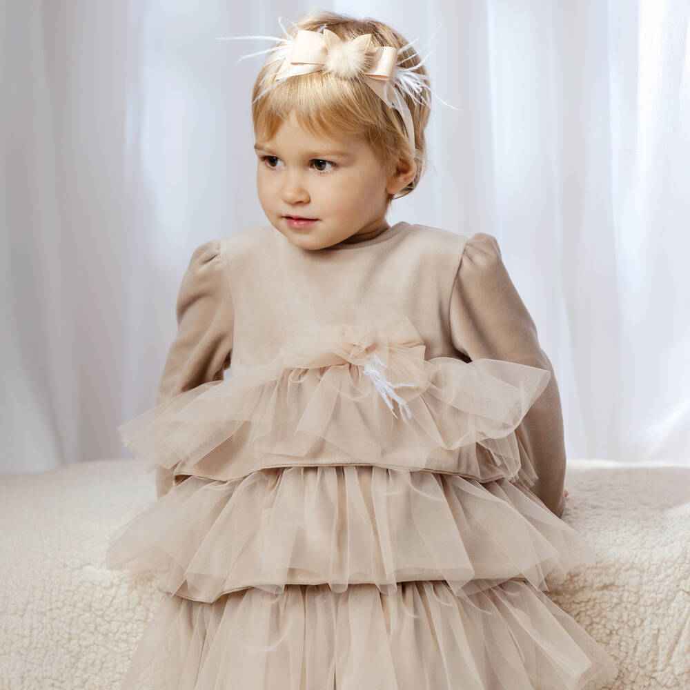 Jamiks-Girls Beige Velour & Tulle Tiered Dress | Childrensalon Outlet