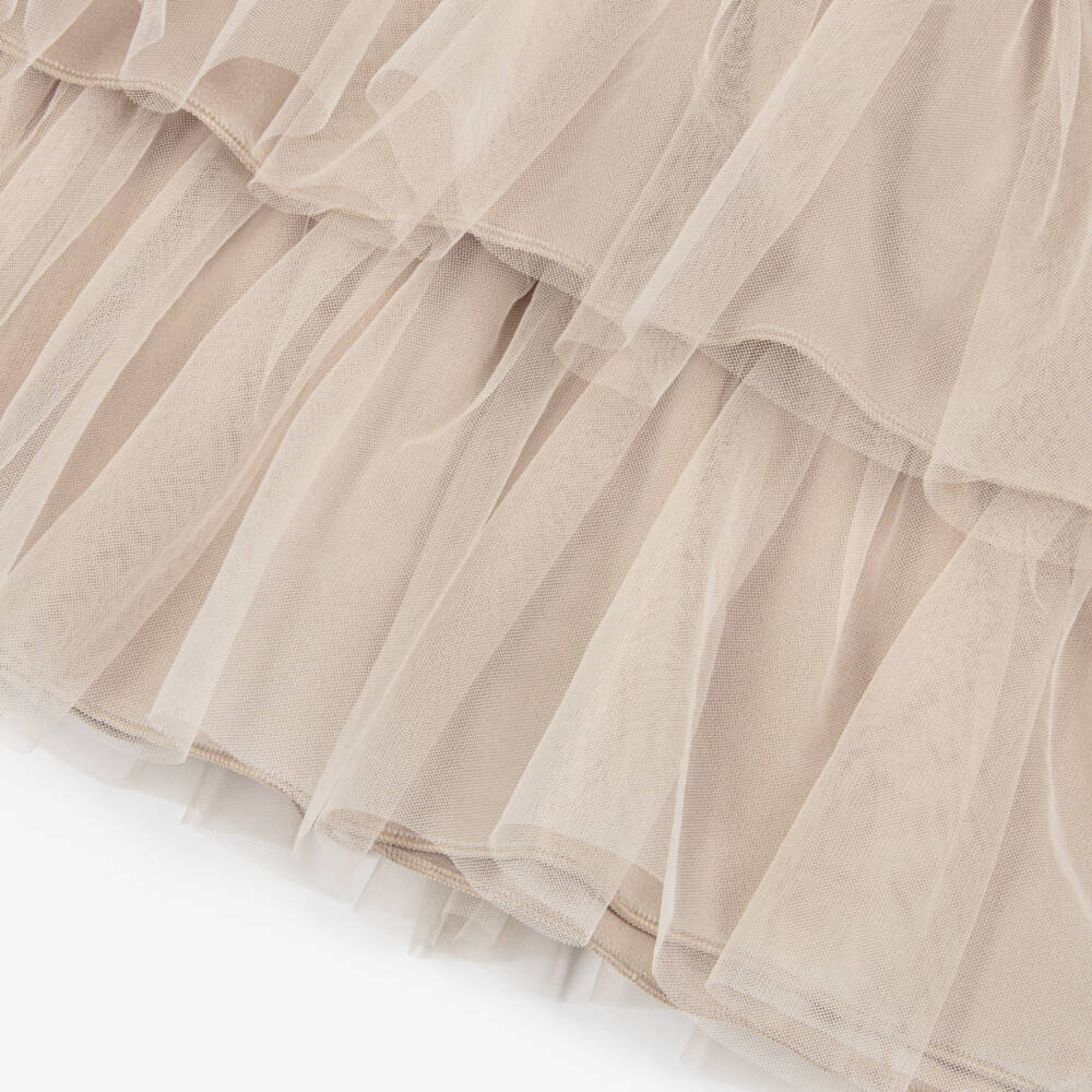 Jamiks-Girls Beige Velour & Tulle Tiered Dress | Childrensalon Outlet