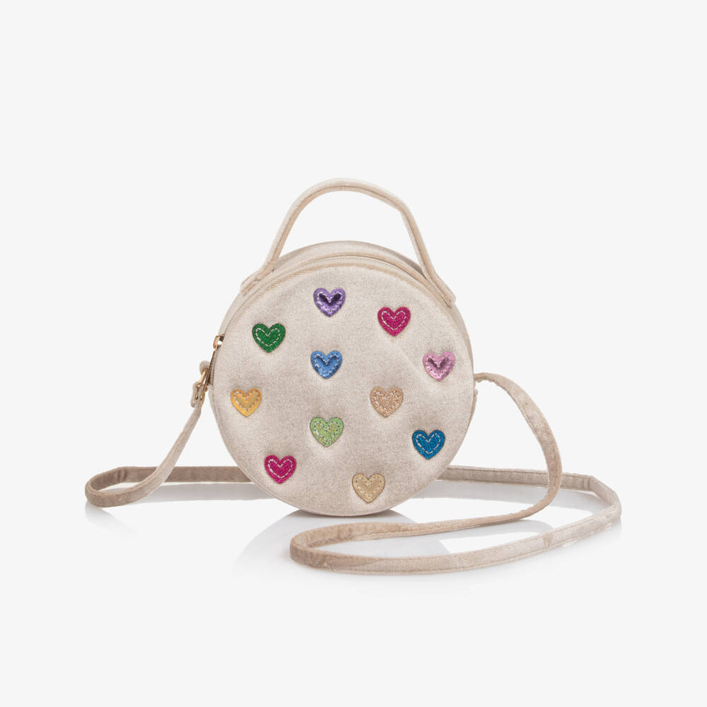 Mimi & Lula-Girls Beige Velvet Bag with Multicoloured Hearts (15cm) | Childrensalon Outlet