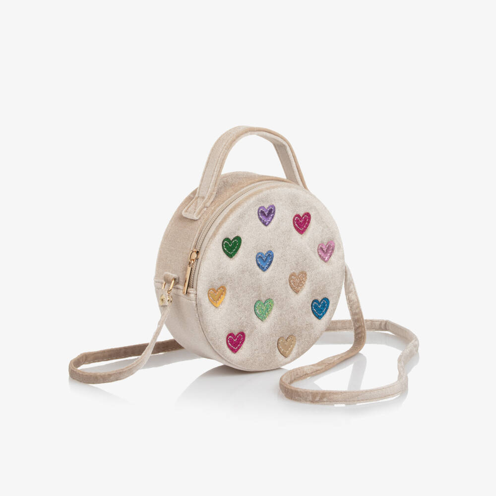 Mimi & Lula-Girls Beige Velvet Bag with Multicoloured Hearts (15cm) | Childrensalon Outlet