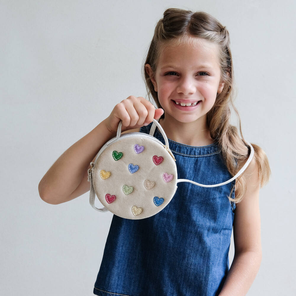 Mimi & Lula-Girls Beige Velvet Bag with Multicoloured Hearts (15cm) | Childrensalon Outlet