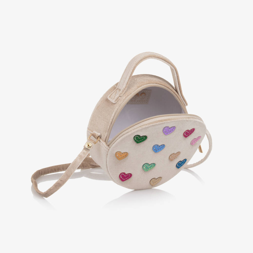 Mimi & Lula-Girls Beige Velvet Bag with Multicoloured Hearts (15cm) | Childrensalon Outlet