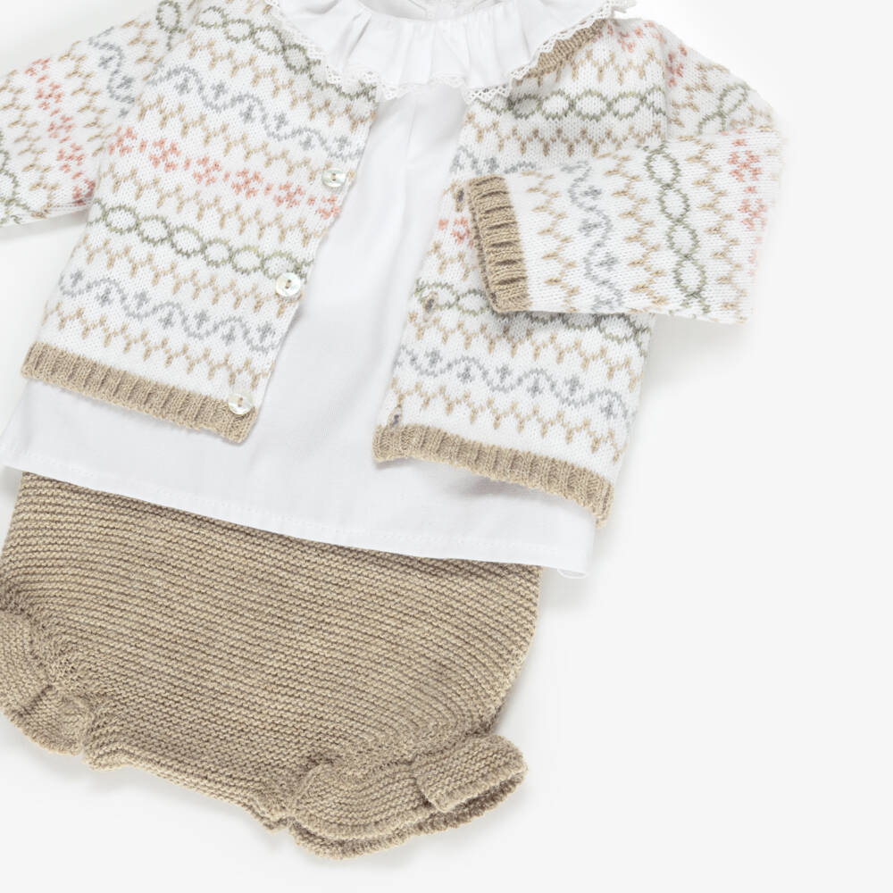 Mebi-Girls Beige & White Knitted Shorts Set | Childrensalon Outlet