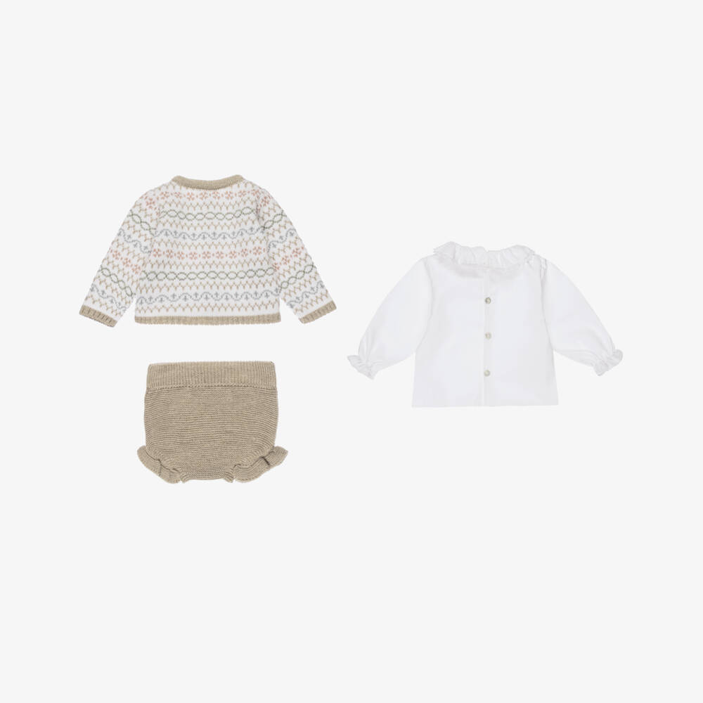 Mebi-Girls Beige & White Knitted Shorts Set | Childrensalon Outlet