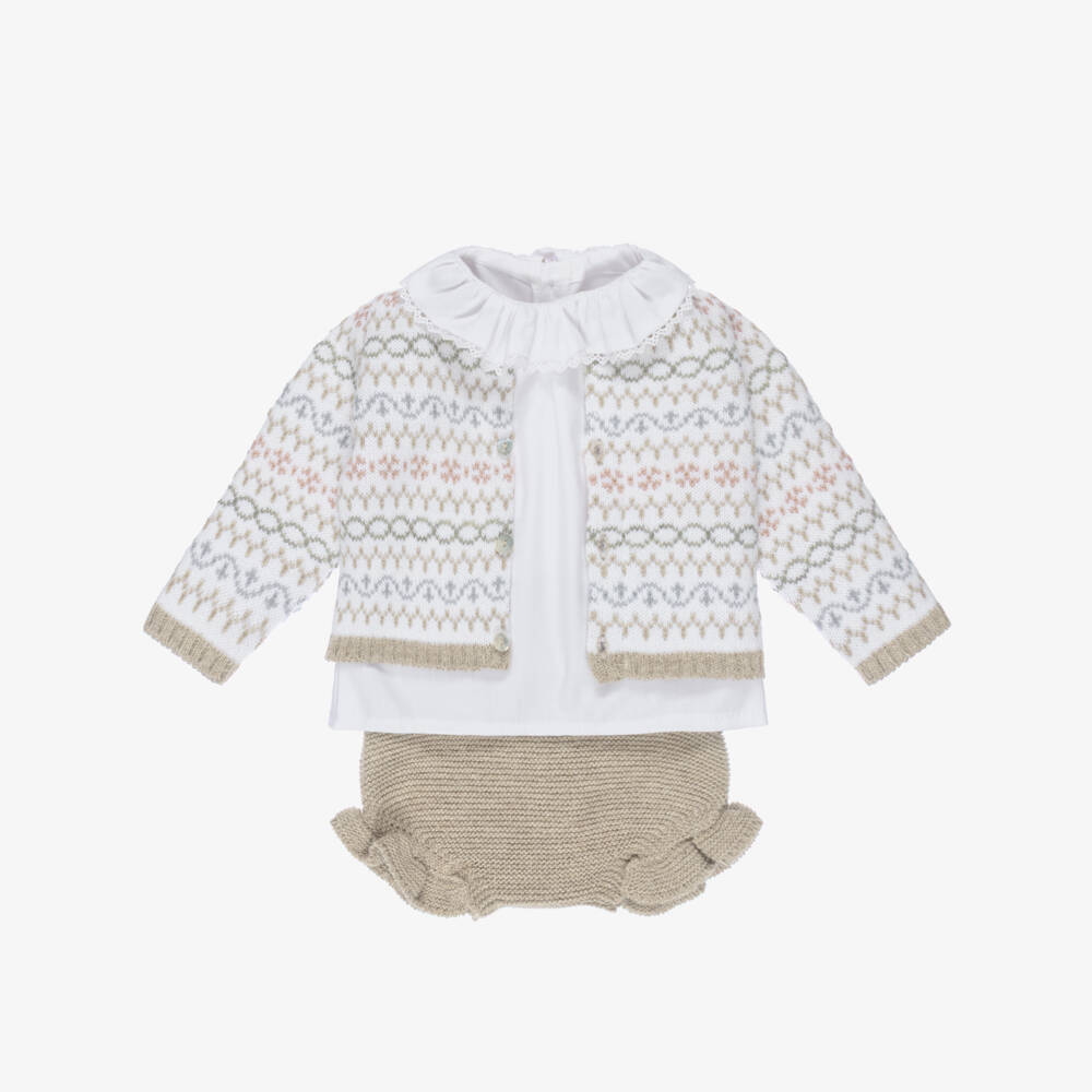 Mebi-Girls Beige & White Knitted Shorts Set | Childrensalon Outlet