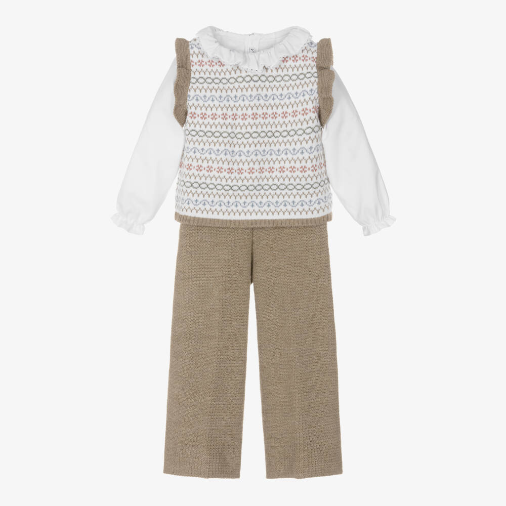 Mebi-Girls Beige & White Knitted Trouser Set | Childrensalon Outlet