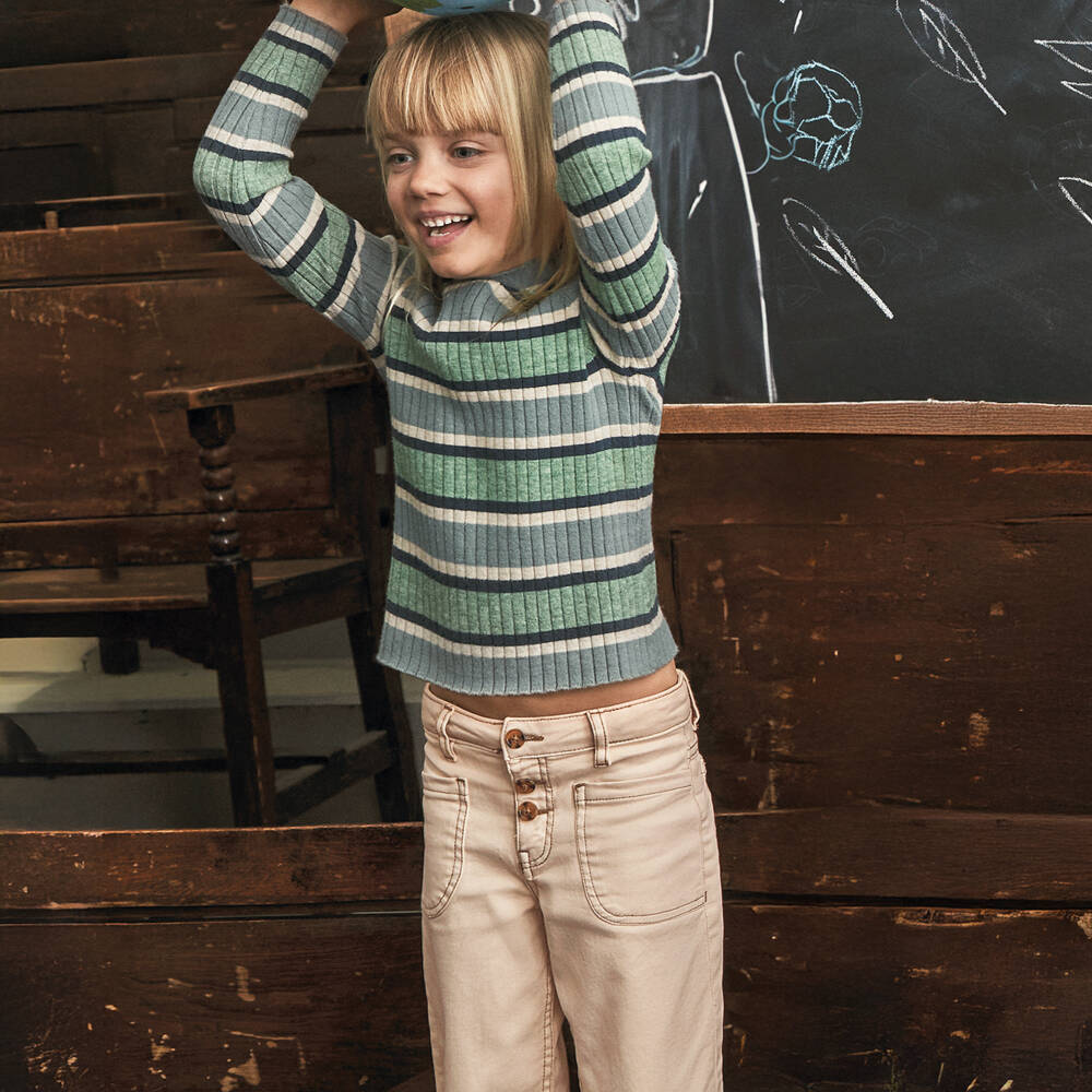 Mayoral-Girls Beige Wide Leg Jeans with Buttons | Childrensalon Outlet