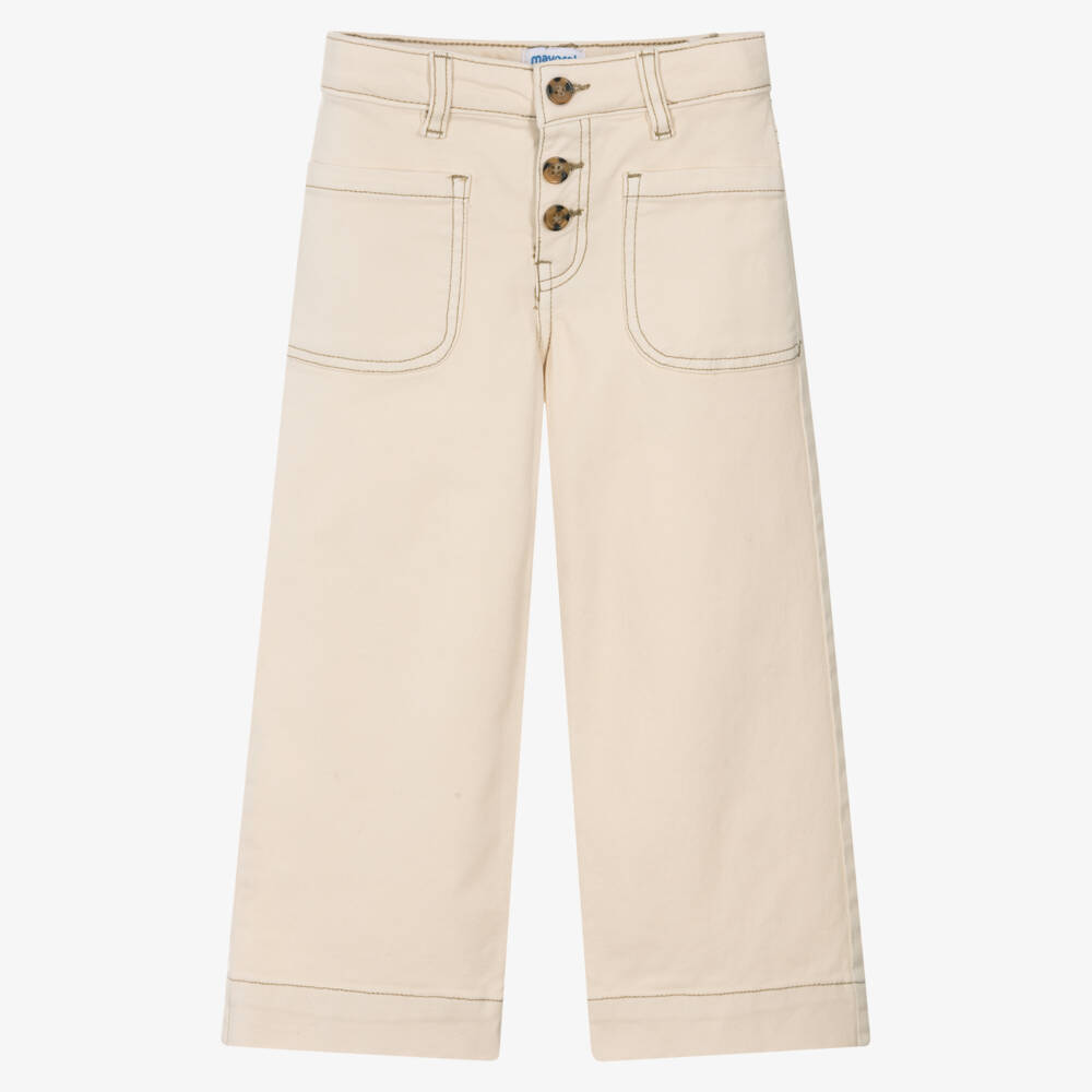 Mayoral-Girls Beige Wide Leg Jeans with Buttons | Childrensalon Outlet