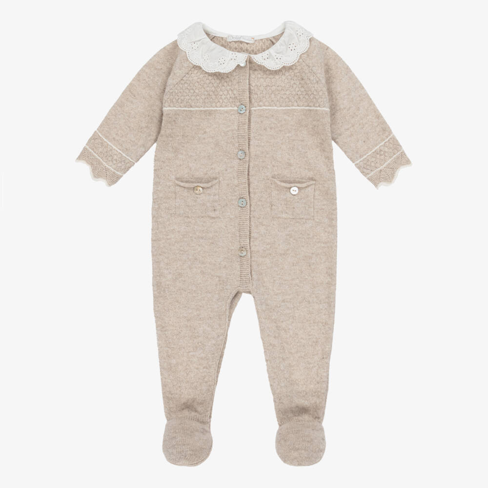 Dr. Kid-Girls Beige Wool & Cotton Knit Babygrow with Collar | Childrensalon Outlet