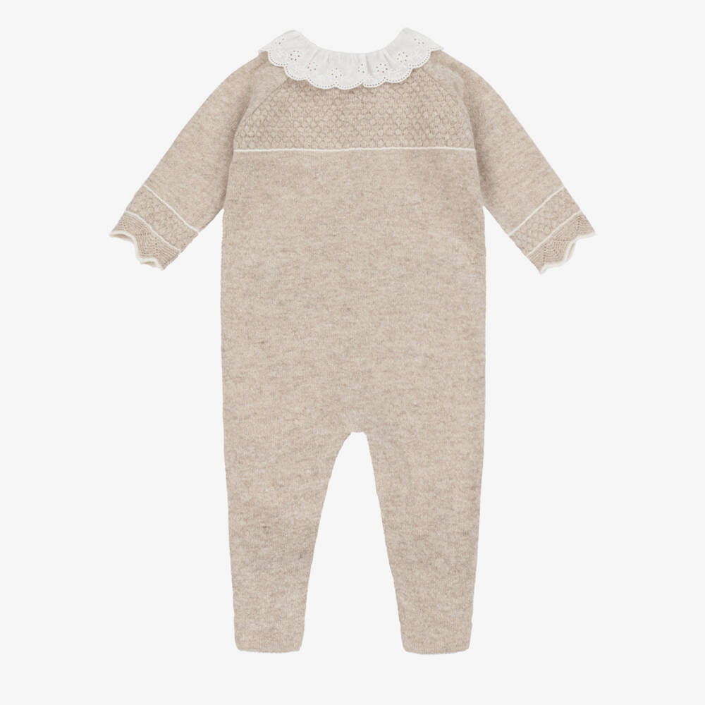Dr. Kid-Girls Beige Wool & Cotton Knit Babygrow with Collar | Childrensalon Outlet