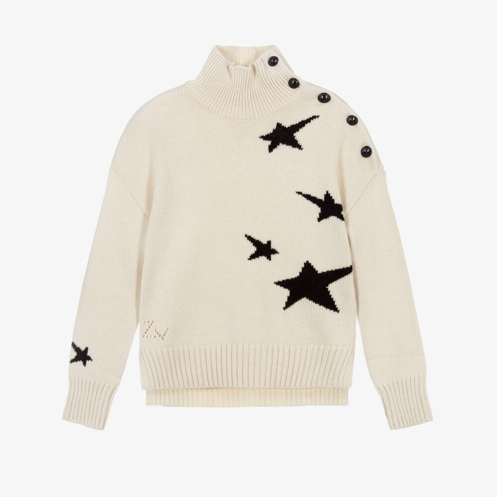 Zadig&Voltaire-Girls Beige Wool High-Neck Sweater with Stars | Childrensalon Outlet