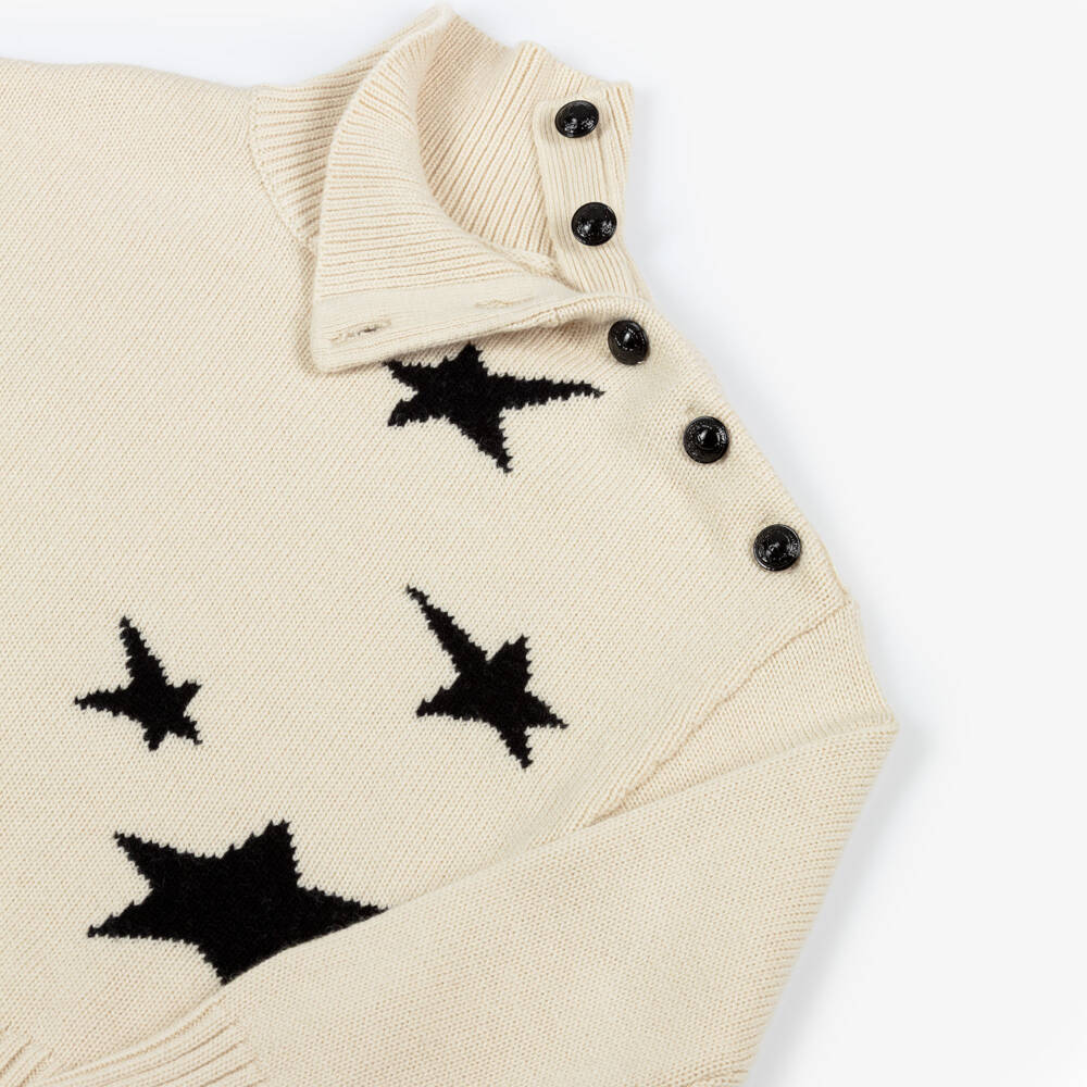 Zadig&Voltaire-Girls Beige Wool High-Neck Sweater with Stars | Childrensalon Outlet