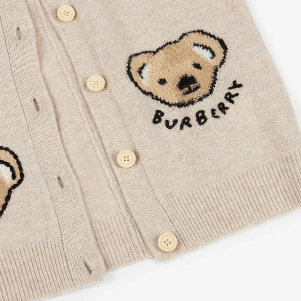 Burberry-Girls Beige Wool Knit Thomas Bear Cardigan | Childrensalon Outlet