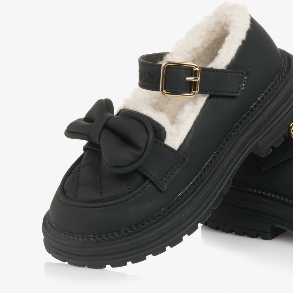 Monnalisa-Girls Black Bar Shoes with Sherpa Fleece Lining | Childrensalon Outlet