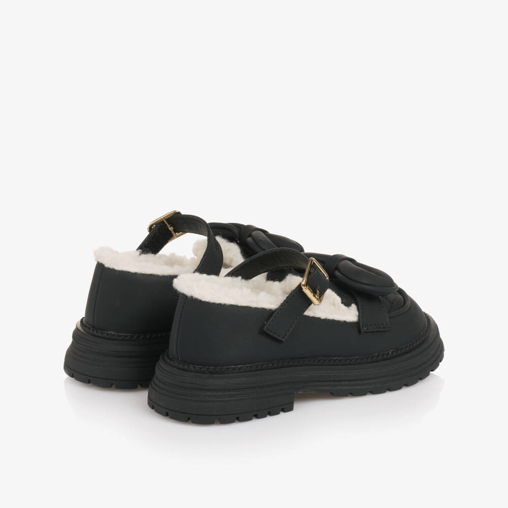 Monnalisa-Girls Black Bar Shoes with Sherpa Fleece Lining | Childrensalon Outlet